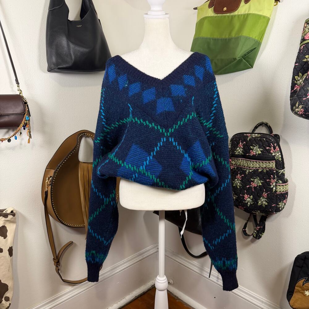Vintage Circa 80s Hippolyte Paris Wool Sweater Oversized Argyle V-Neck Blue L
